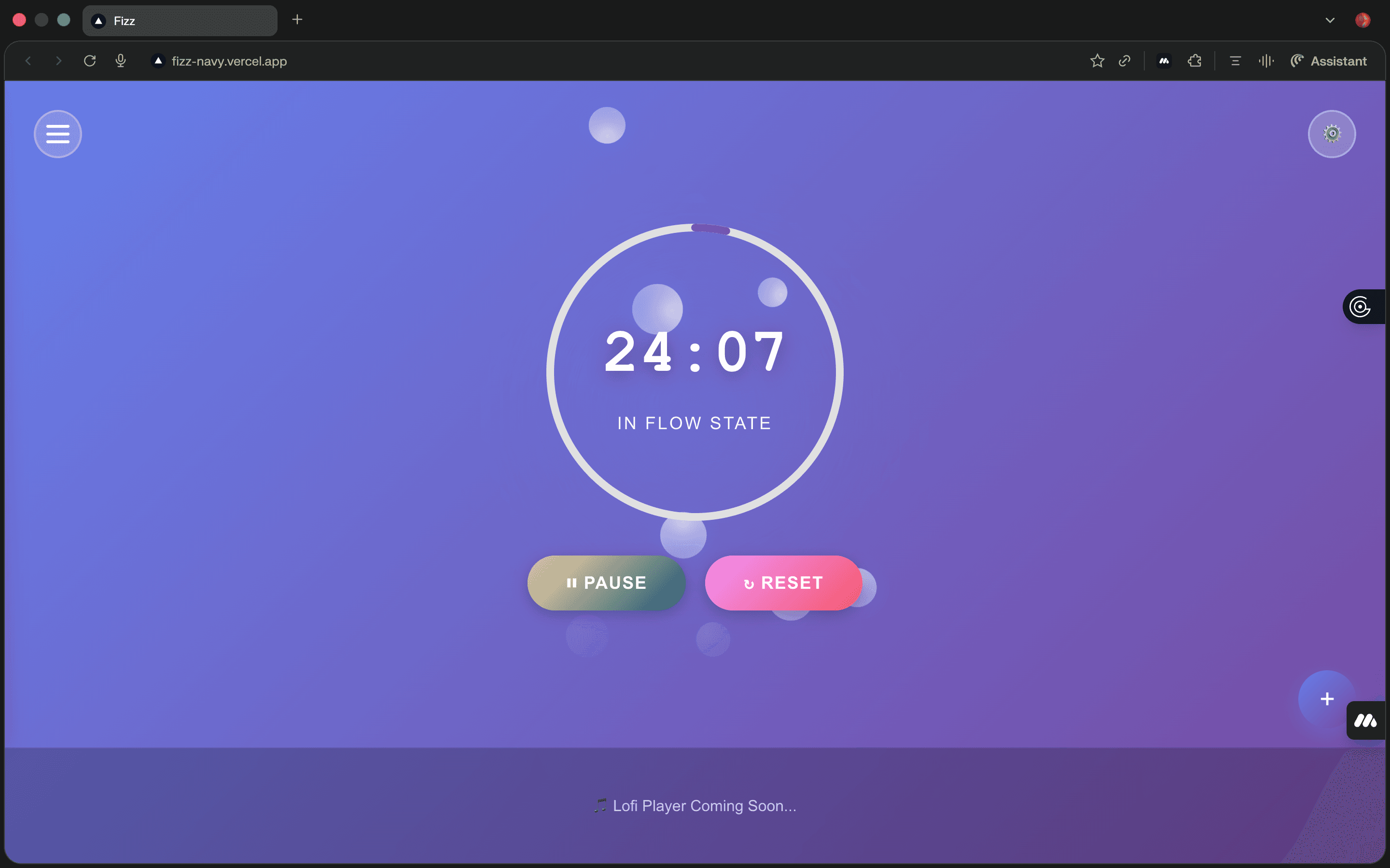 Fizz pomodoro timer screen