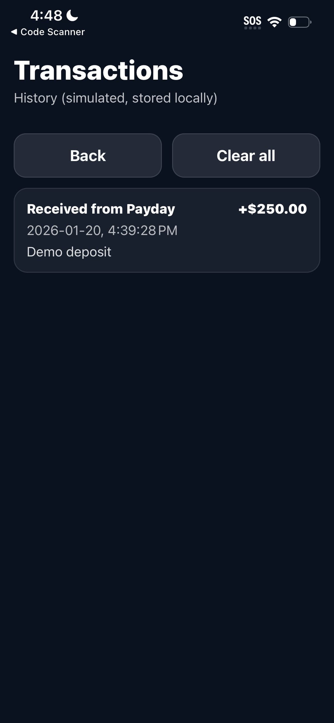 SendHome transactions screen