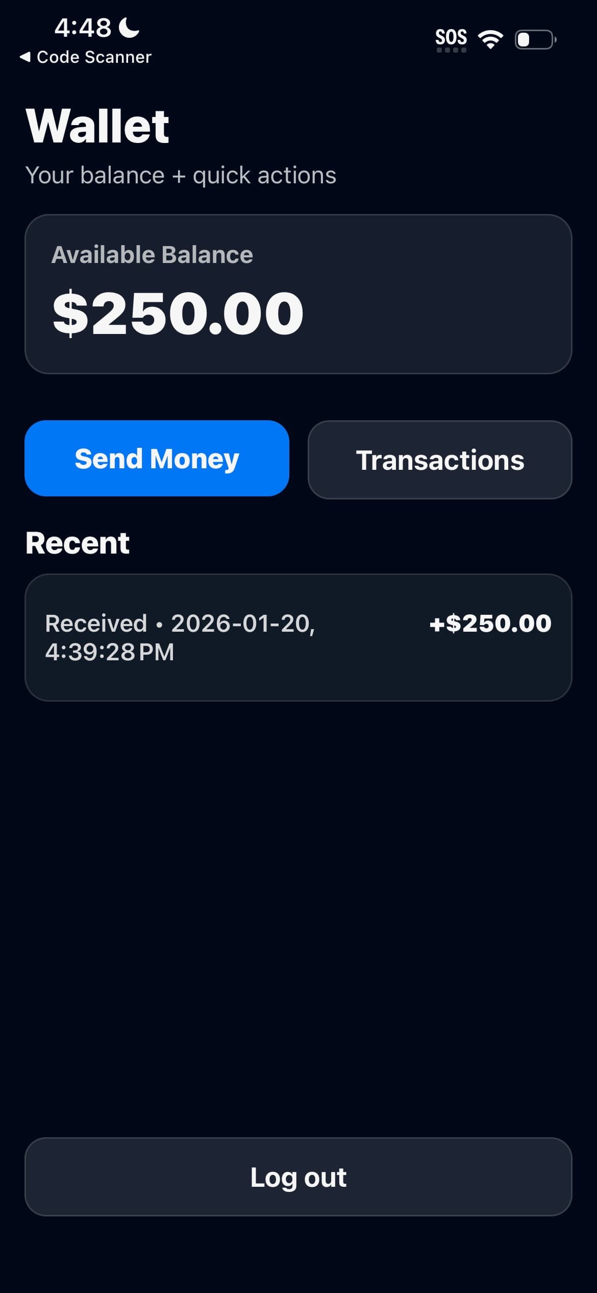 SendHome wallet screen